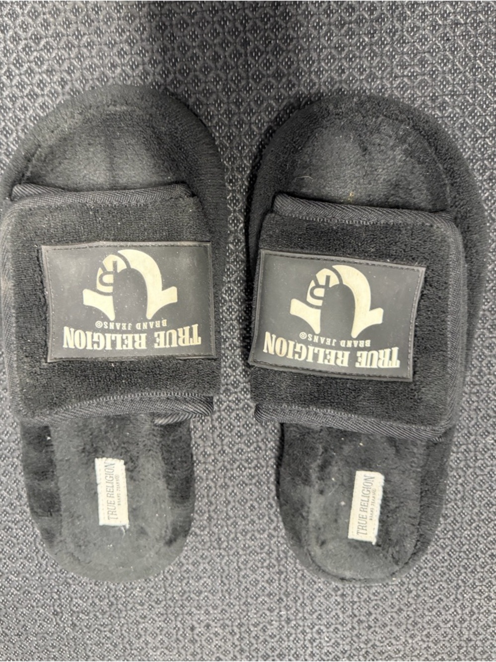 True Religion Black Plush Logo Slide Slippers